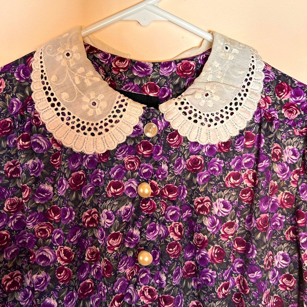 Vintage Whirlaway Frocks 8P Purple Floral Lace Collar Dress Whimsigoth Riot Grrl